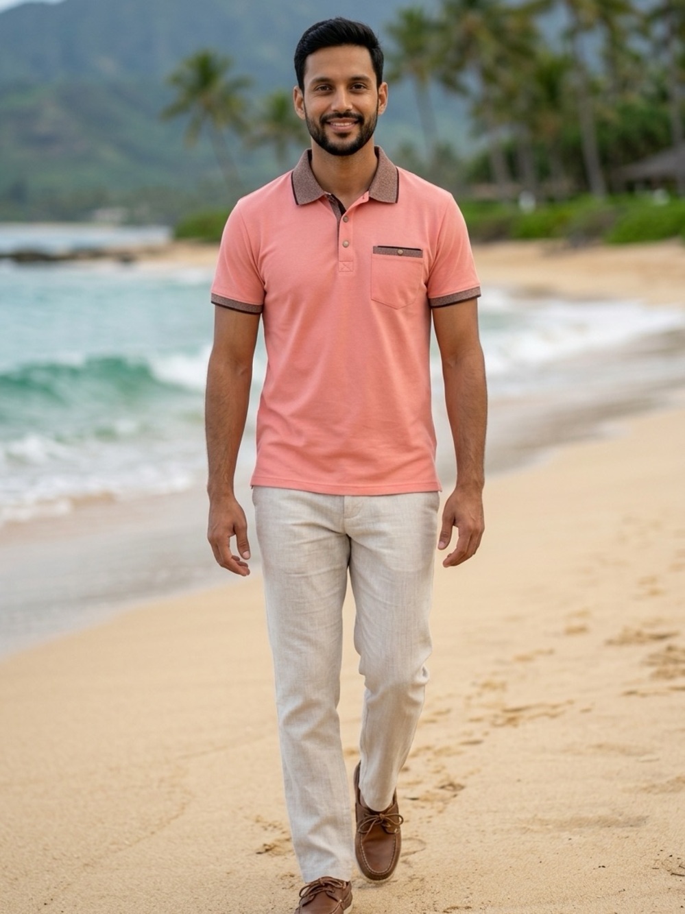 Men's Polo Shirt in Coral with Contrast Brown Trim